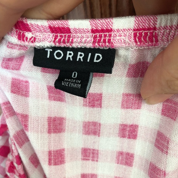 Torrid Fit & Flare Rayon Slub Button Up 3/4 Sleeve Pink Gingham Top - Picture 9 of 14